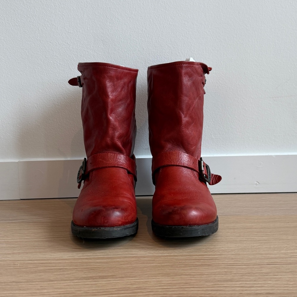 SOLD: Frye Red Leather Mid-Calf Boots with Buckle Detail